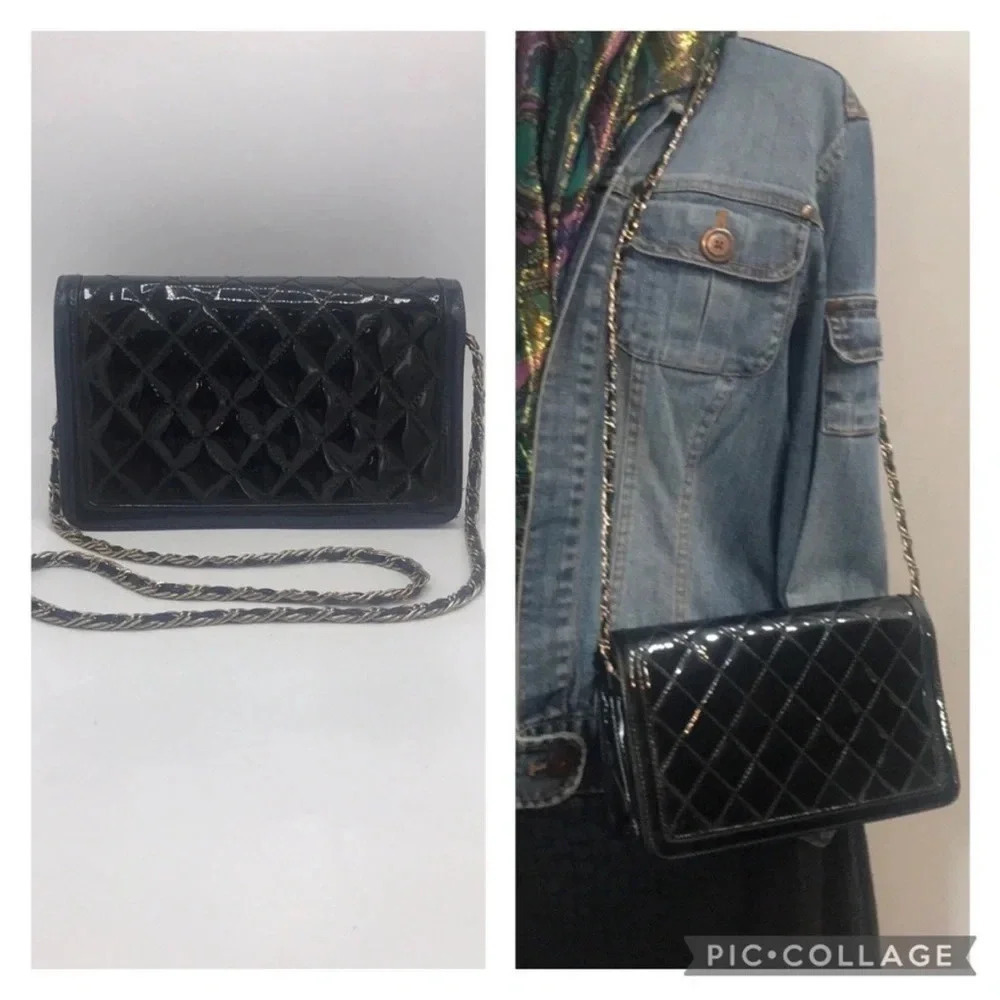 Vintage Ande' Mid Century Black patent leather Quilted Purse W shoulder strap